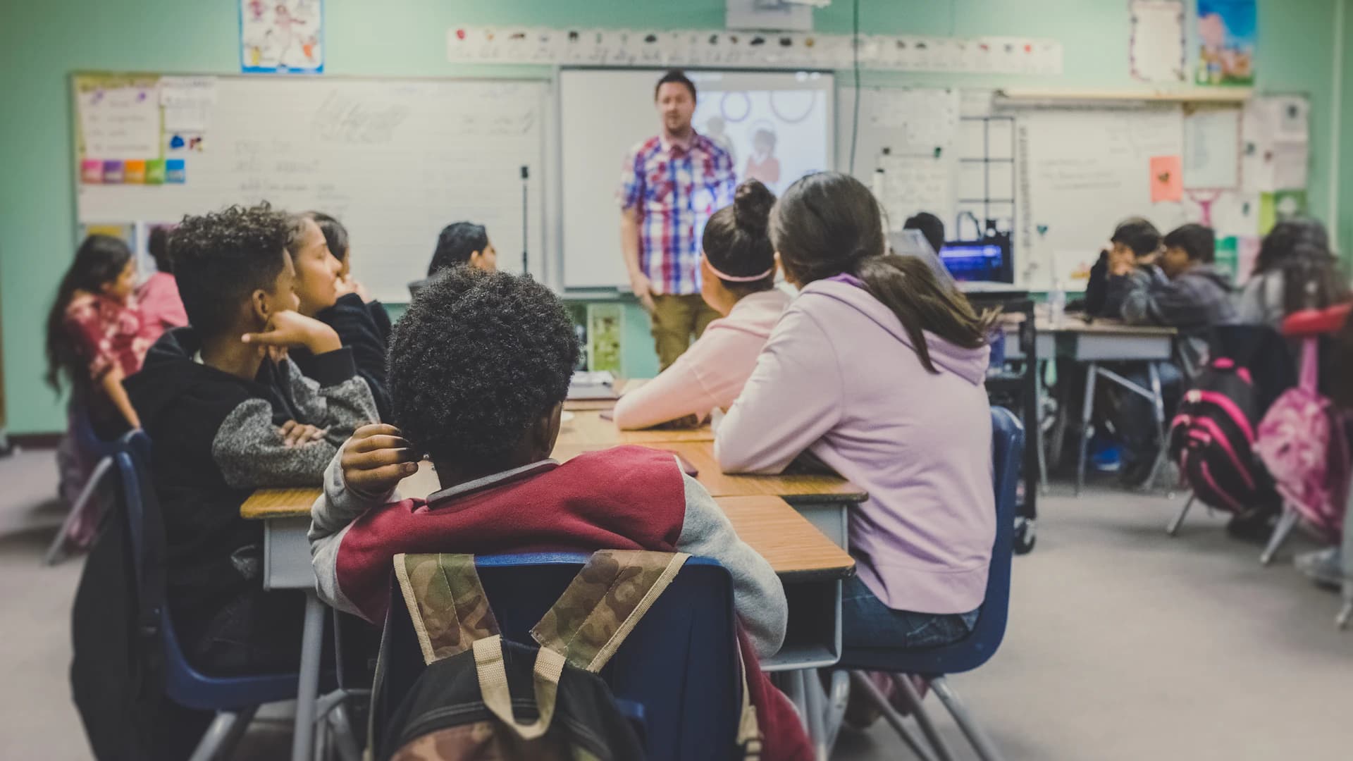 Students learning together in a modern classroom